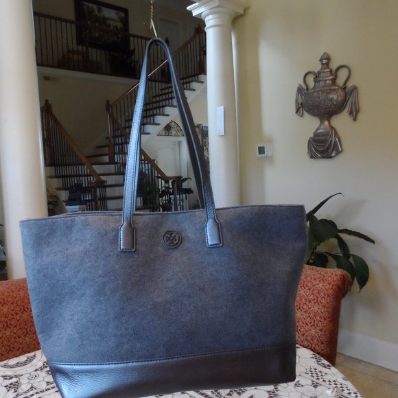 Tory Burch Pewter Gray Wool Felt Leather Trim Large Tote Bag - Picture 1 of 16